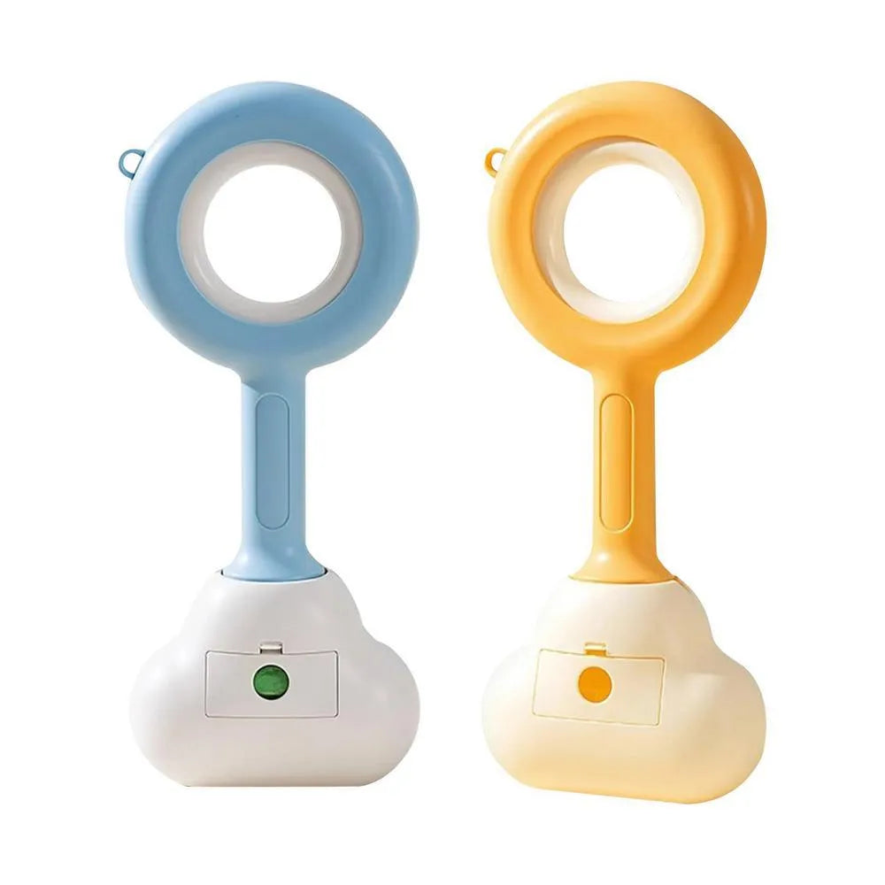 Blue and yellow ABS plastic dog pooper scooper with a cloud-shaped jaw on a white background.