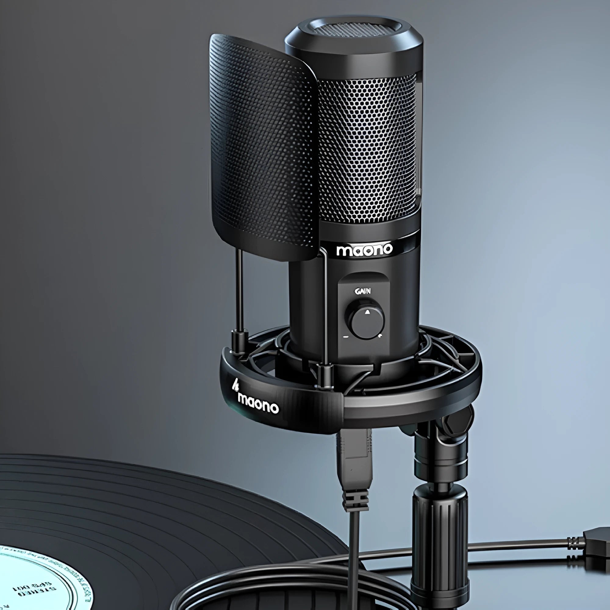 USB condenser microphone on desktop tripod with shock mount and 150cm cable