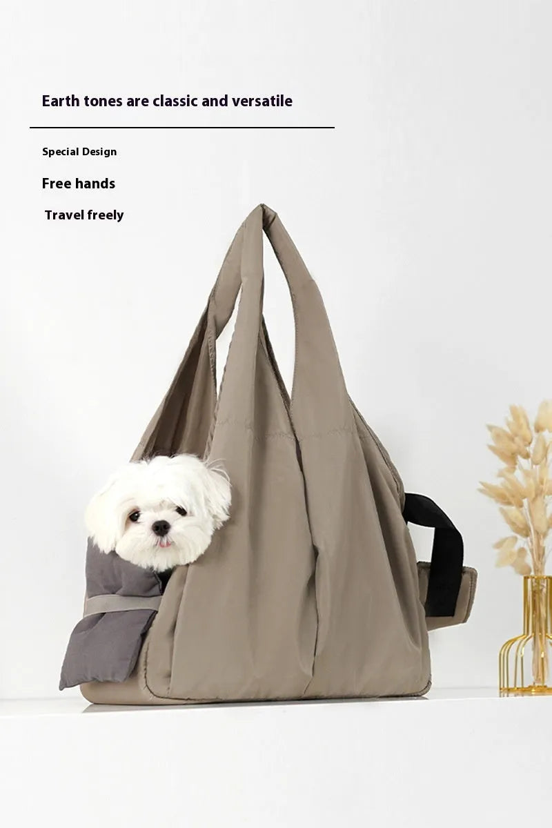 Apricot cloth pet carrier handbag showing dimensions and breathable construction