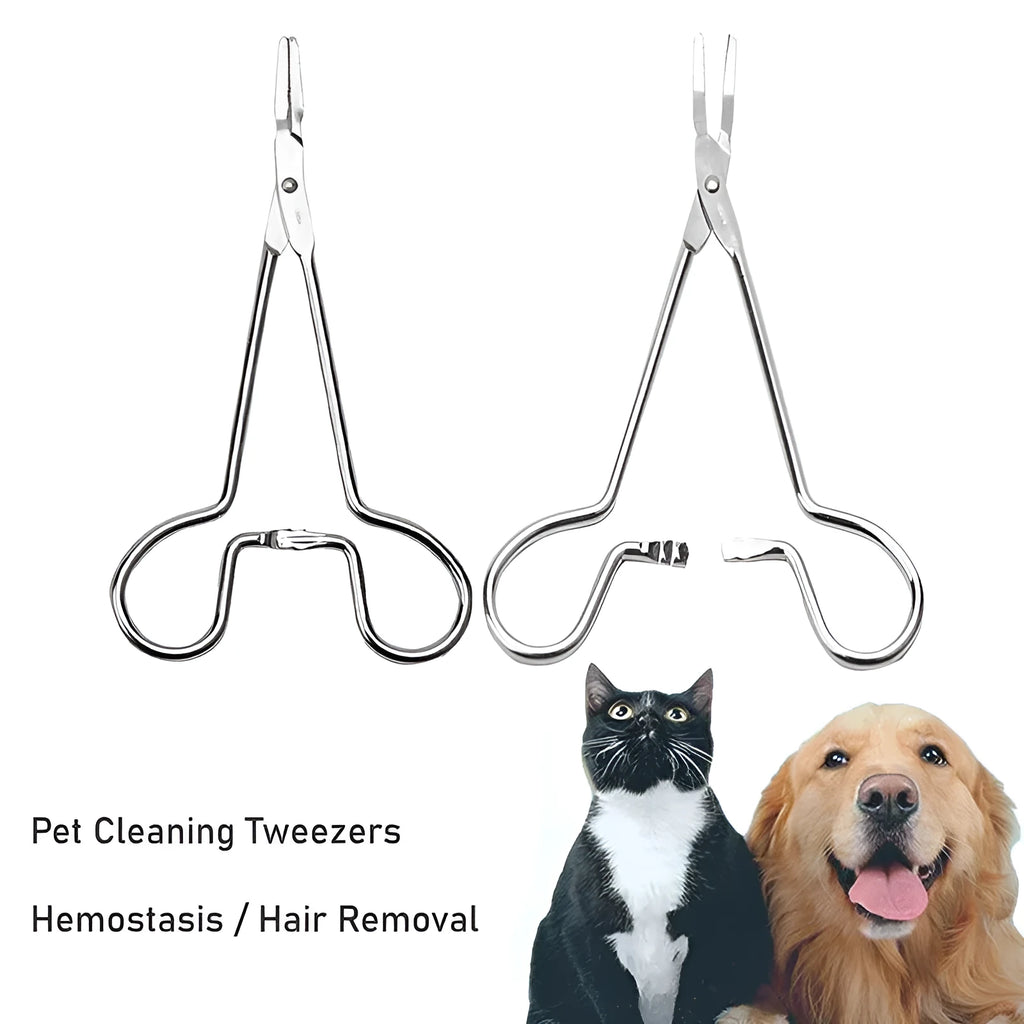 Silver stainless steel pet ear tweezers with ergonomic anti-slip handle for dog and cat ear hair removal.