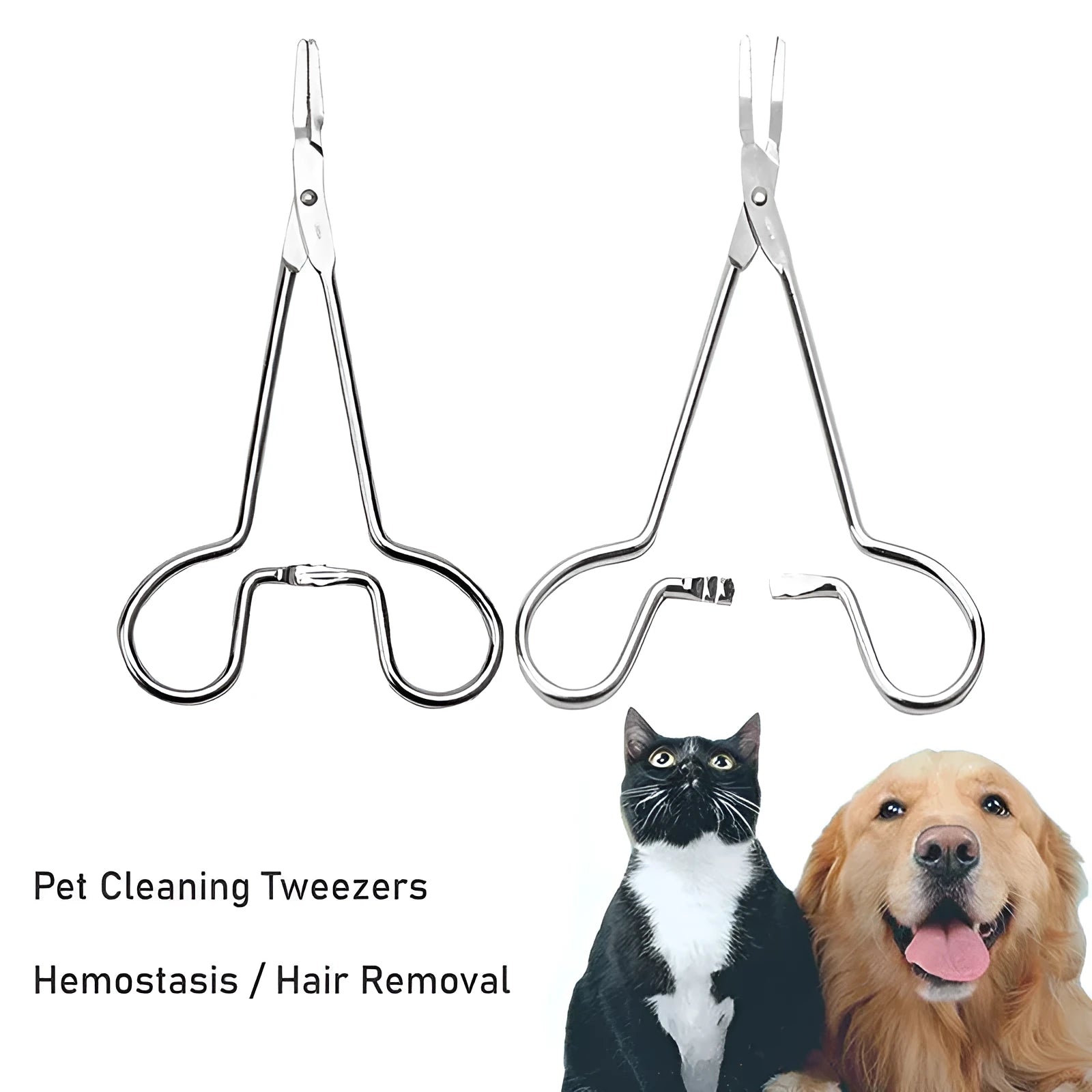 Silver stainless steel pet ear tweezers with ergonomic anti-slip handle for dog and cat ear hair removal.