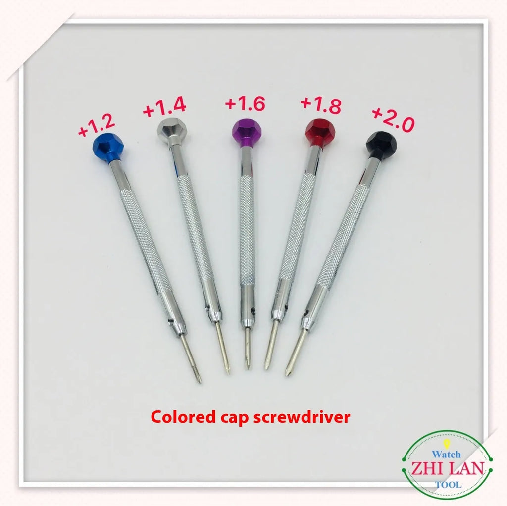 Six colour-coded watch repair screwdrivers with aluminium handles and spring steel cutter heads for precision timepiece maintenance