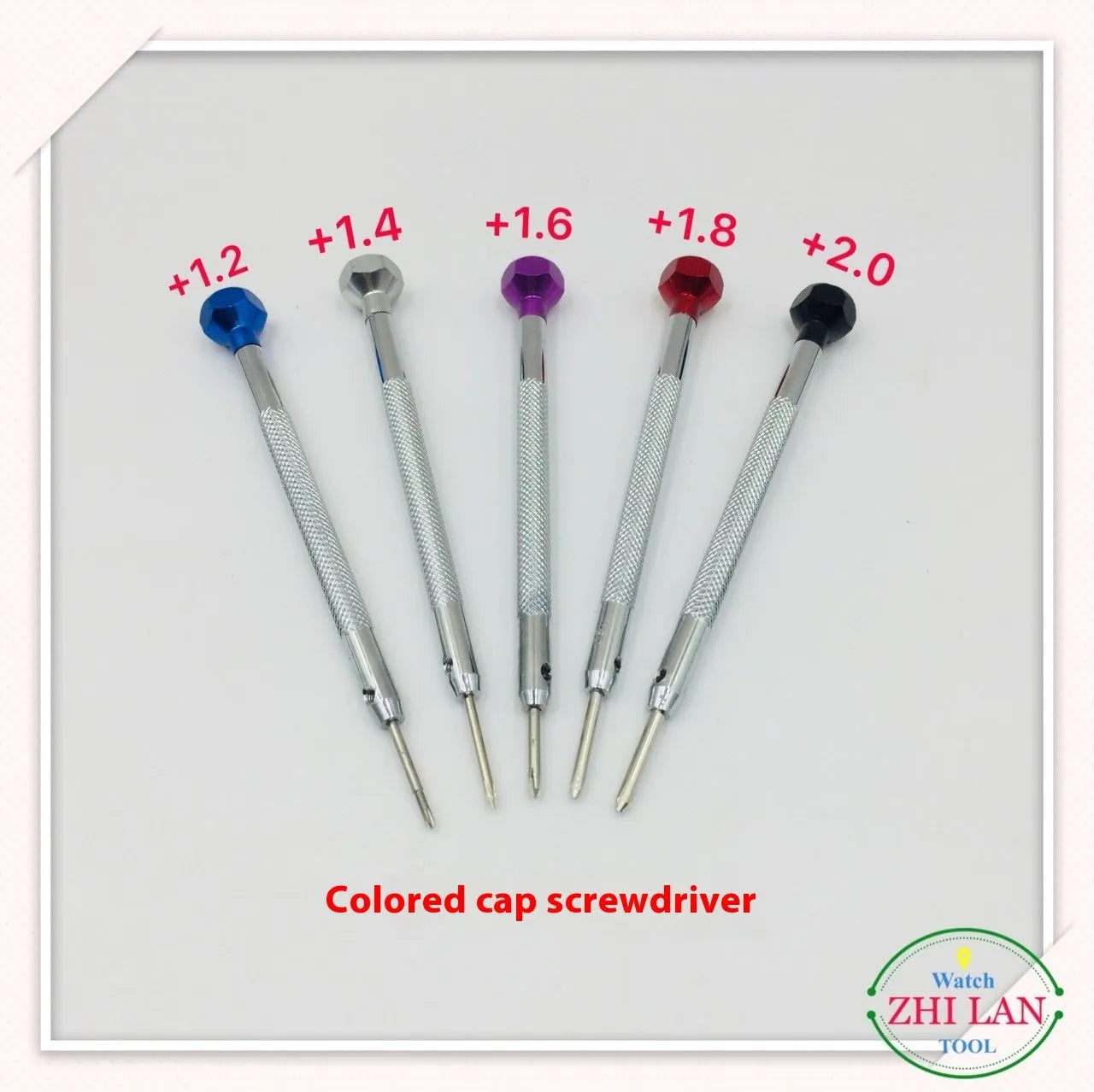 Six colour-coded watch repair screwdrivers with aluminium handles and spring steel cutter heads for precision timepiece maintenance