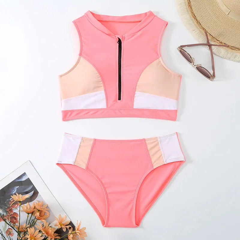 Pink high waist split bikini swimsuit with briefs style on mannequin showing European fit
