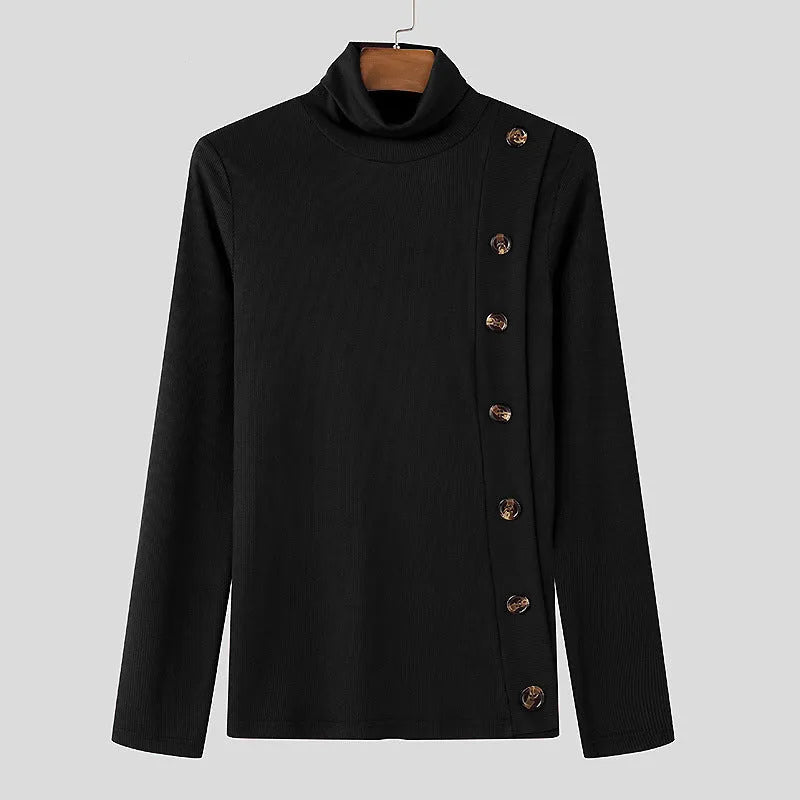 Men's casual slim fit turtleneck sweater with front buttons in black, side view