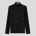 Men's casual slim fit turtleneck sweater with front buttons in black, side view