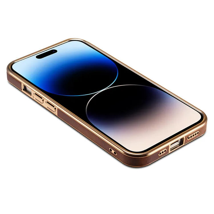 Handmade vintage leather iPhone case in black showing slim profile and precise cutouts.