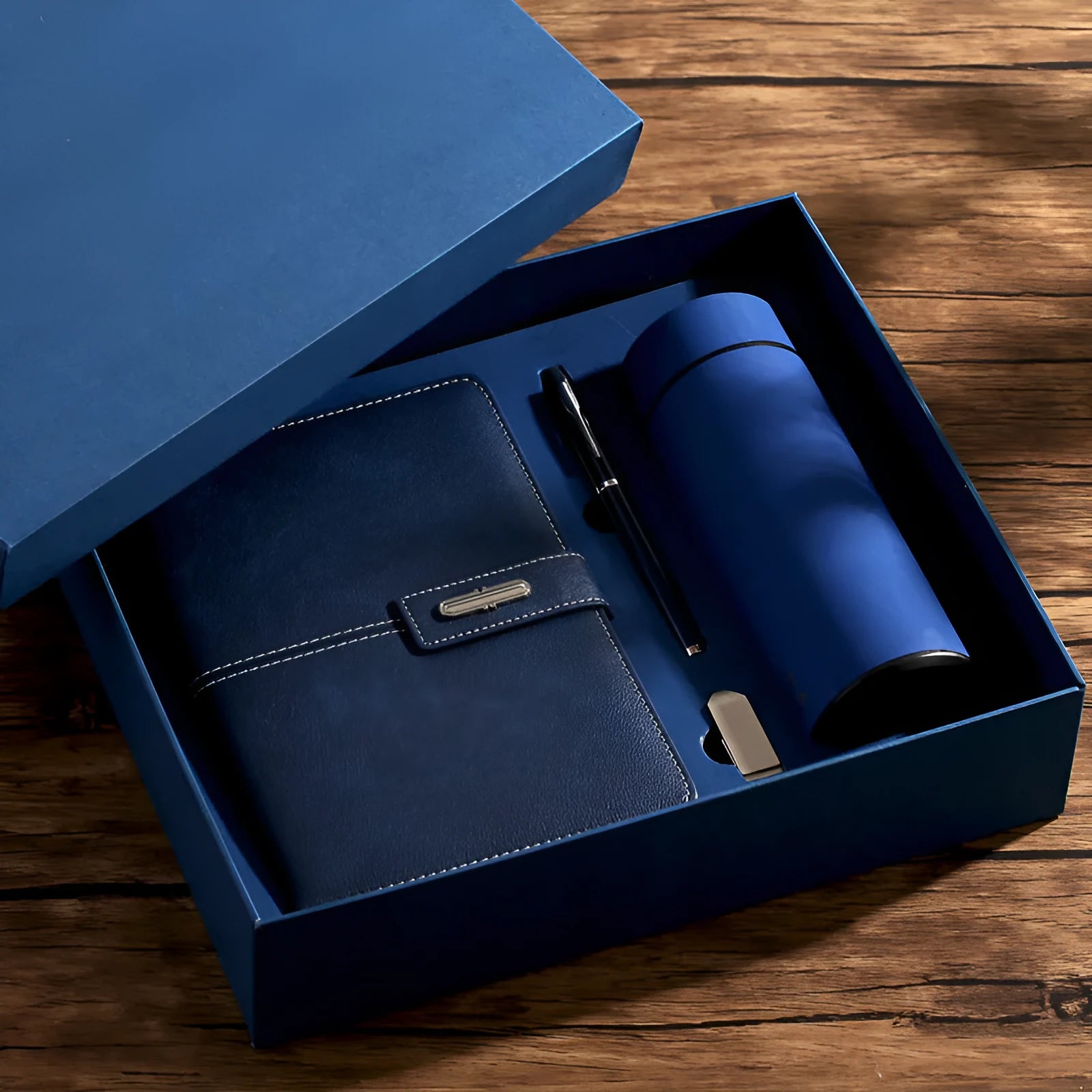 Custom A5 notebook with PU leather cover in colour options of black, red, green, blue, or orange, showing wood-free paper inside.