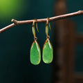 Retro Chinese style geometric earrings with water droplet elements and jade-colour electroplated finish