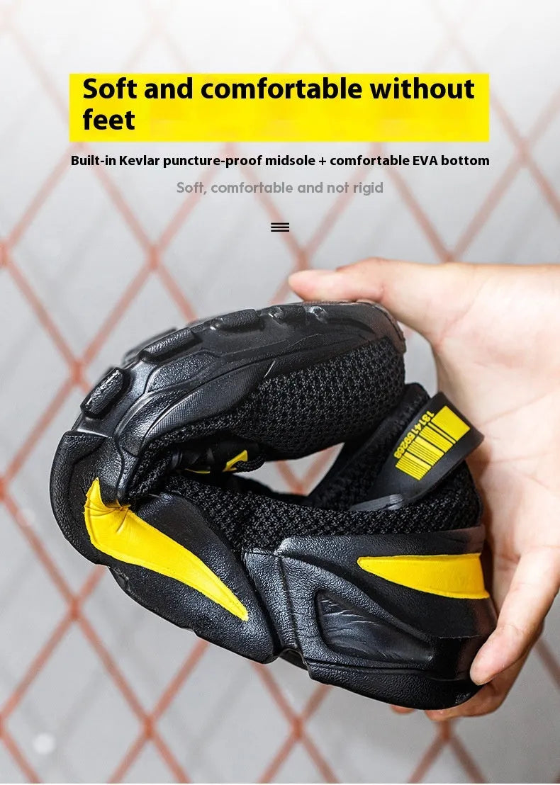 Men's Flyknit steel toe cap low-top work shoes in black, grey, and yellow colour options