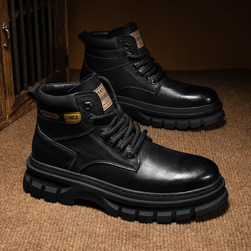Men's brown Martin boots with lace-up front, round toe, and rubber sole.