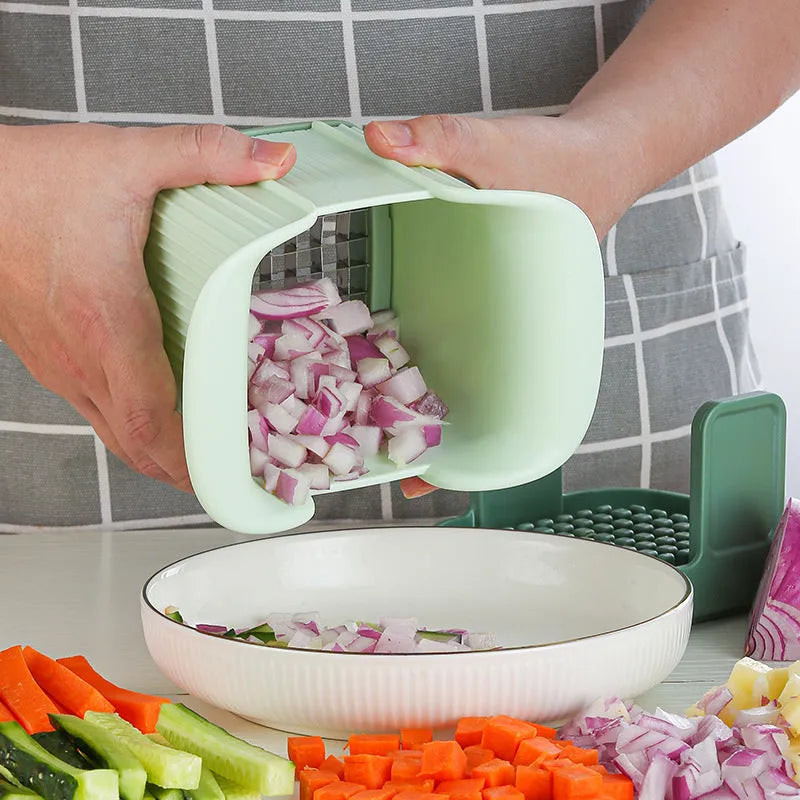 Green multi-functional vegetable chopper with stainless steel blades for French fries and onion dicing