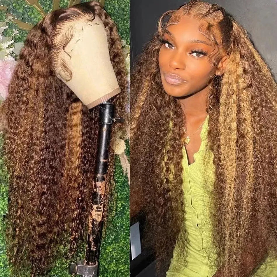 Front lace wig with long black gradient curly hair in a big wave sheath style, showing side bangs.