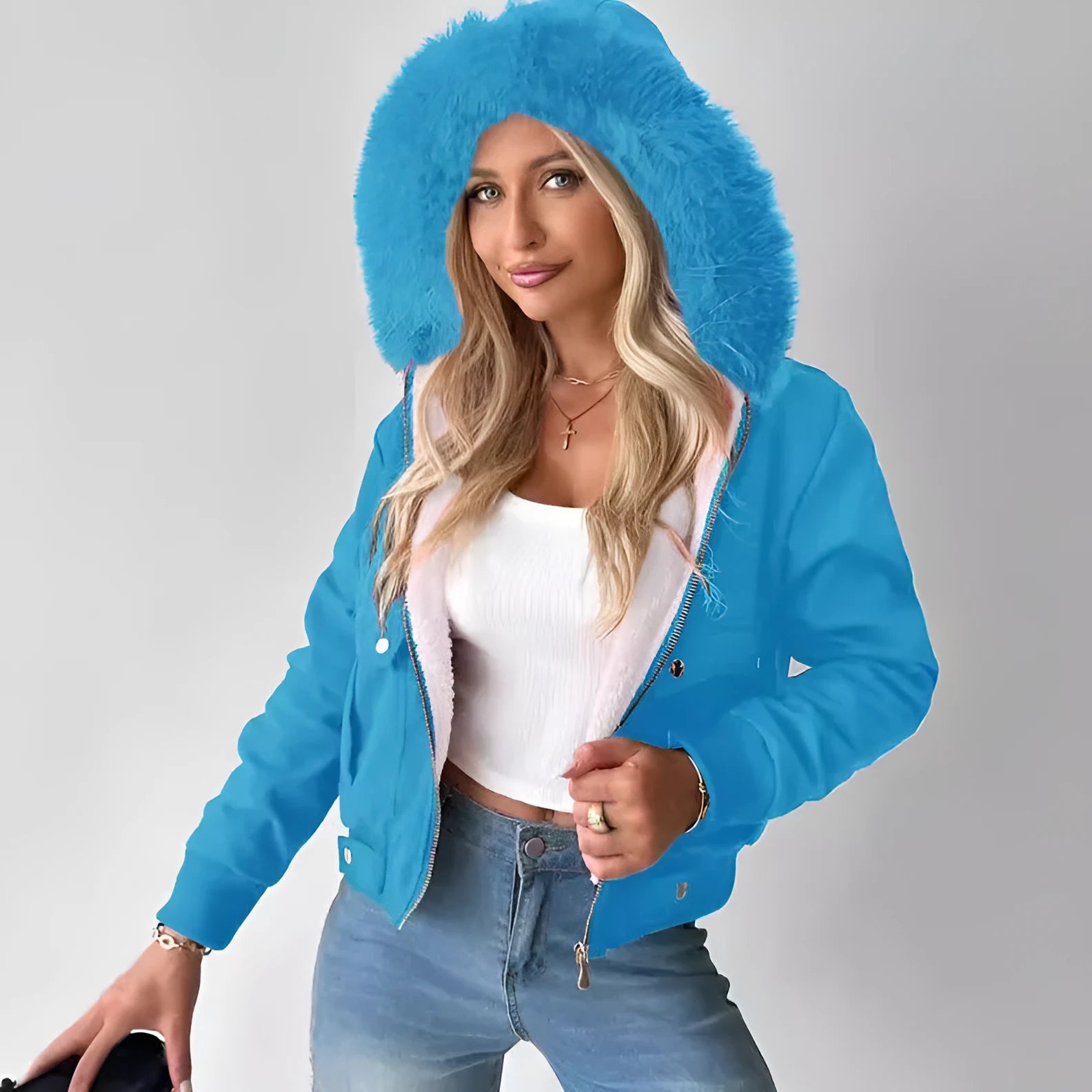 Women's casual hooded jacket with furry lining in Army Green – polyester long sleeve coat front view