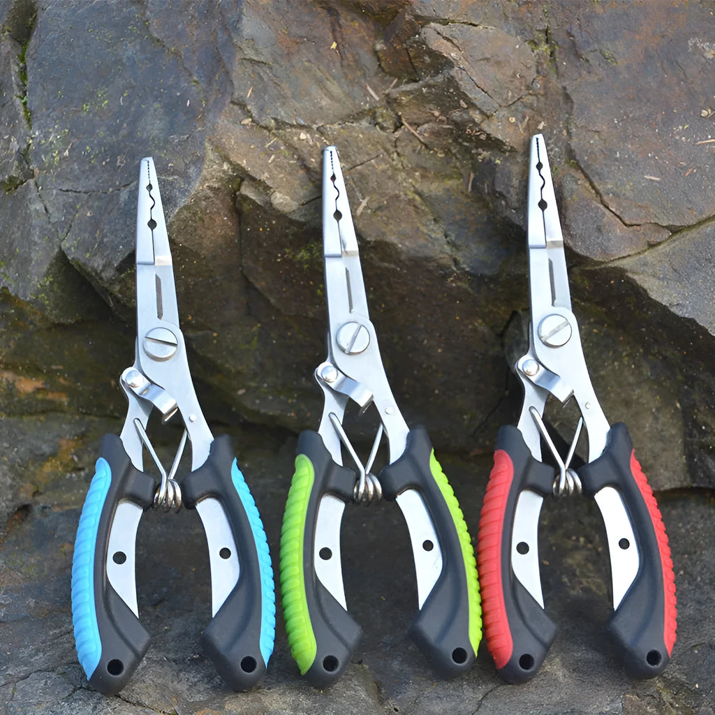 PE39 stainless steel multifunctional fishing pliers with straight mouth, hook, and blue plastic handles.