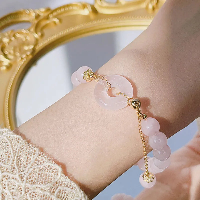 Pink crystal safety buckle bracelet for women with peace symbol clasp and adjustable band