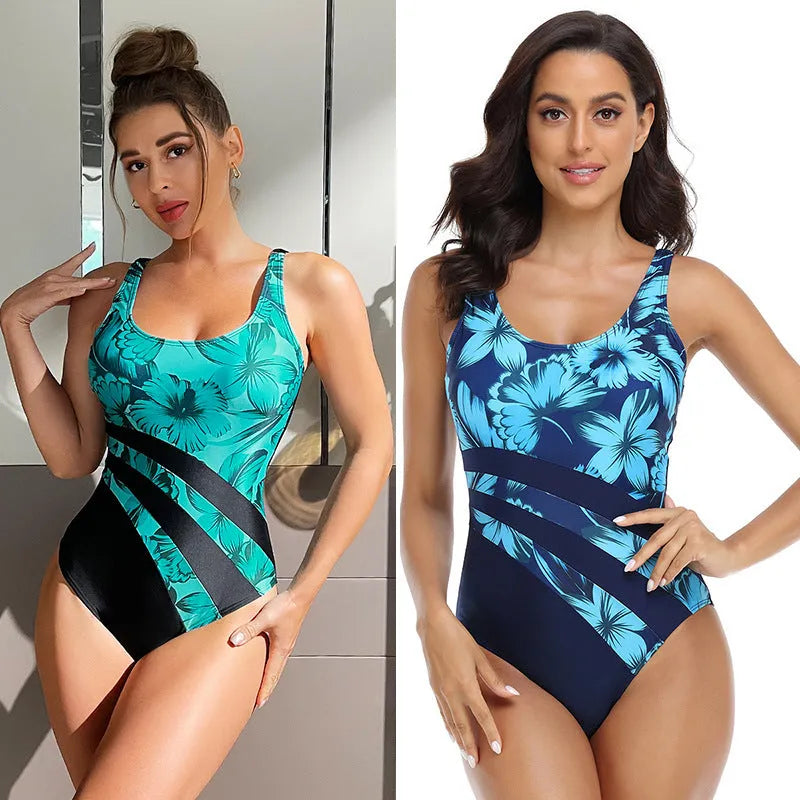 Women's tight fit conservative briefs swimsuit in chemical fibre blend with printed design