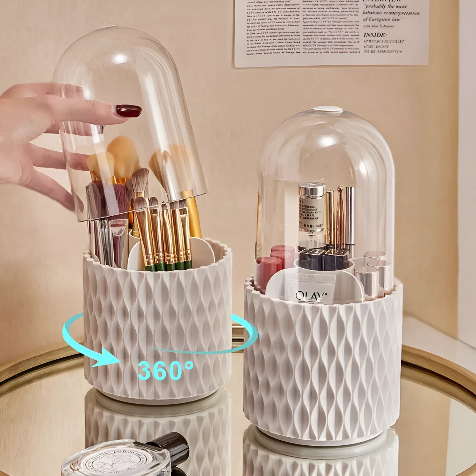 Transparent acrylic makeup brush storage box with rotating base and white brush tubes