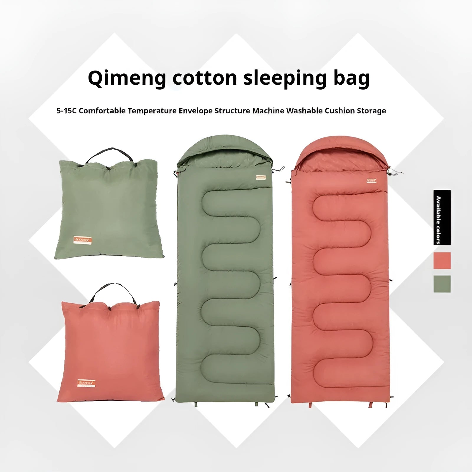 Cotton sleeping bag for outdoor camping in ochre or olive green colour