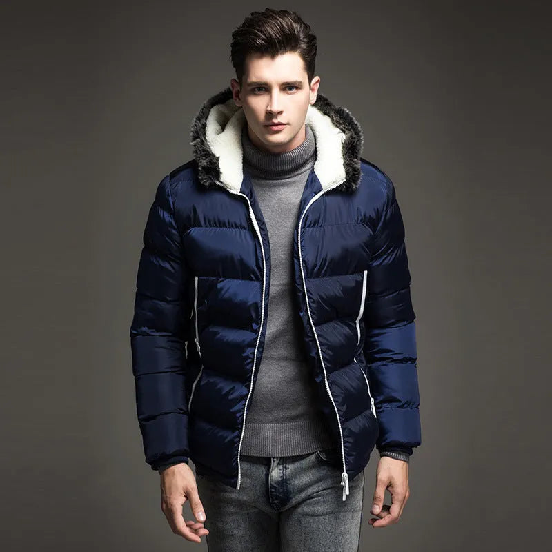 Winter padded coat with hood in white blue colour block design, front view