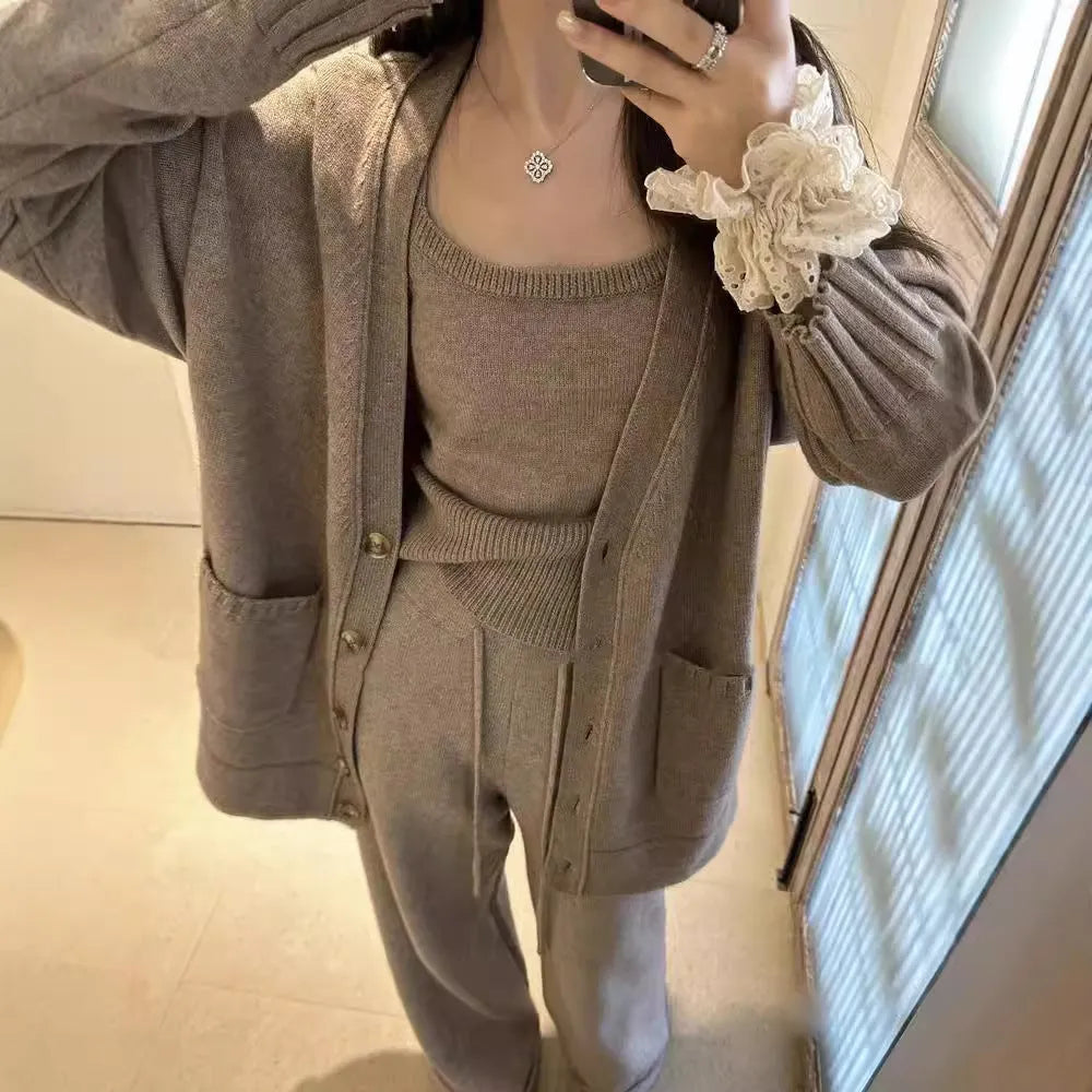 Women's knit cardigan vest suspender pants three-piece set in light coffee colour