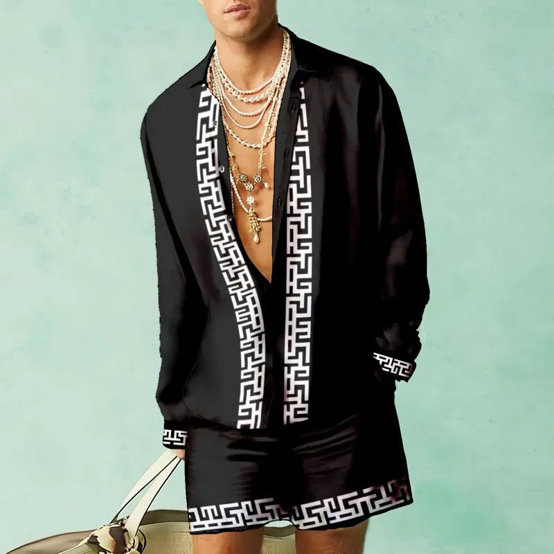 Casual slim-fit long sleeve shirt and matching shorts set on a hanger.