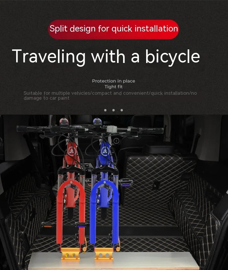 Silver metal quick-release clamp for securing a bicycle front fork during transport.