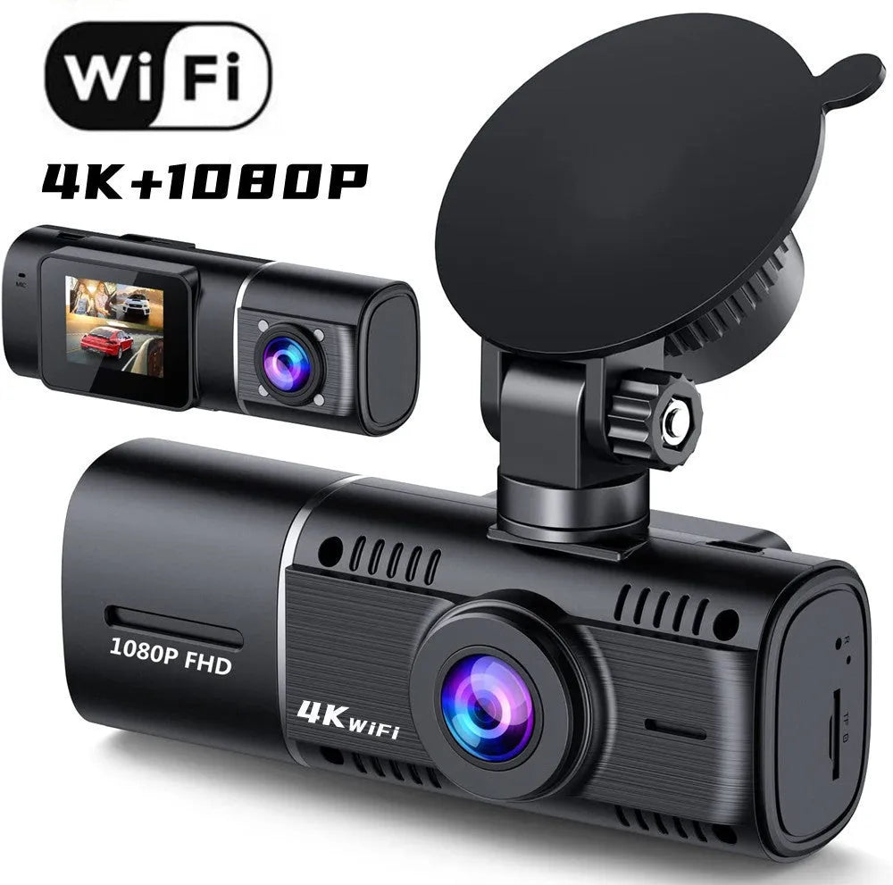 Standard black 1080p dashcam car camera with screen, shown with car charger and stand.