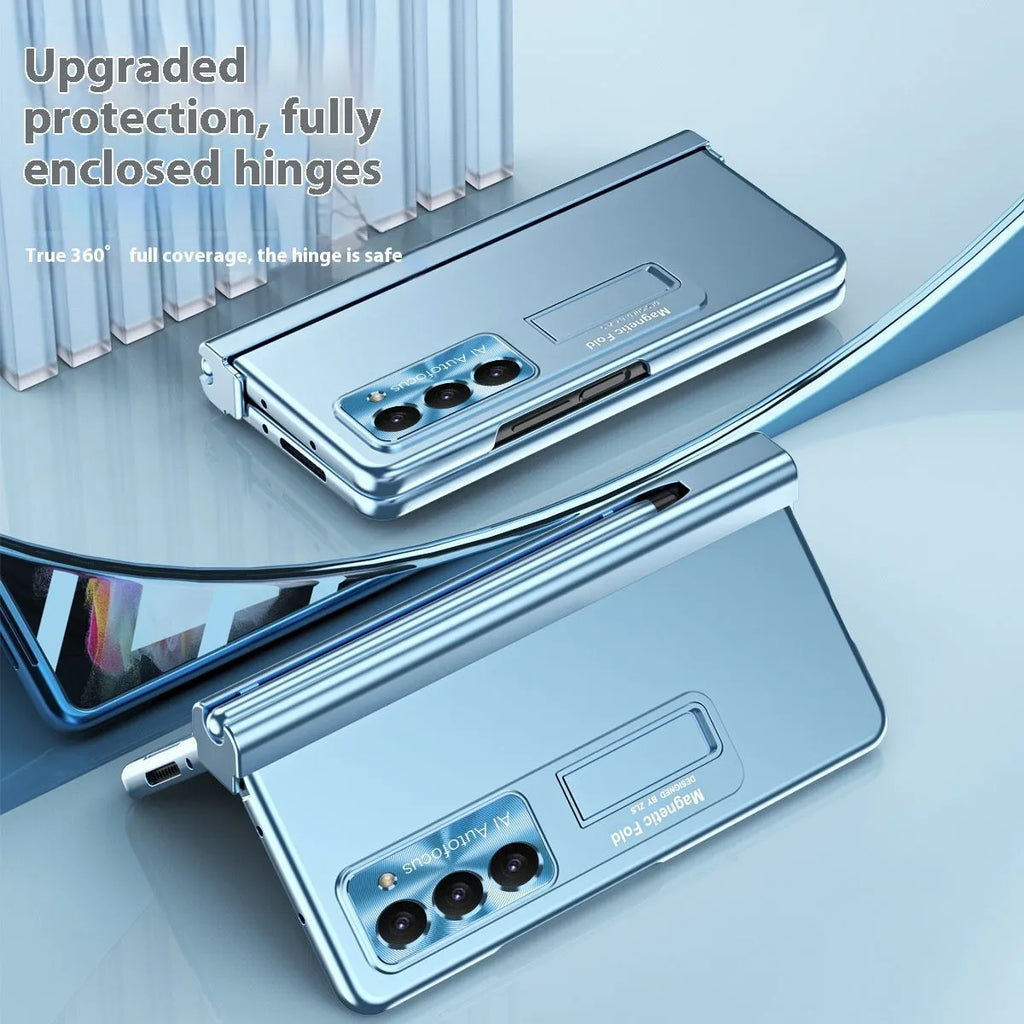 Magnetic suction phone case for Samsung Z Fold5 with hinge cover and bracket in ice lake blue