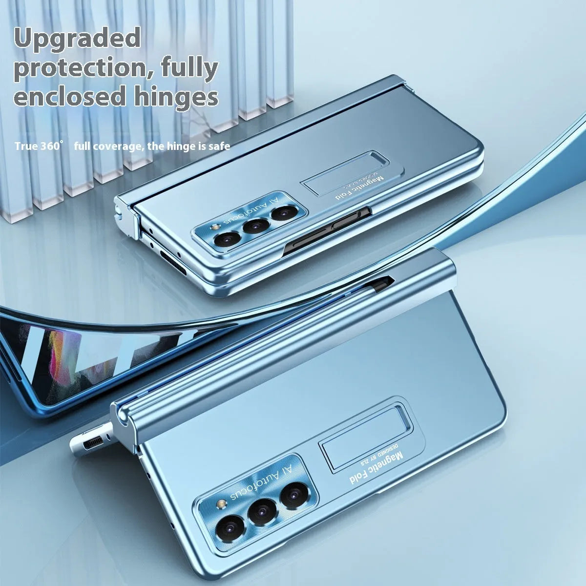 Magnetic suction phone case for Samsung Z Fold5 with hinge cover and bracket in ice lake blue