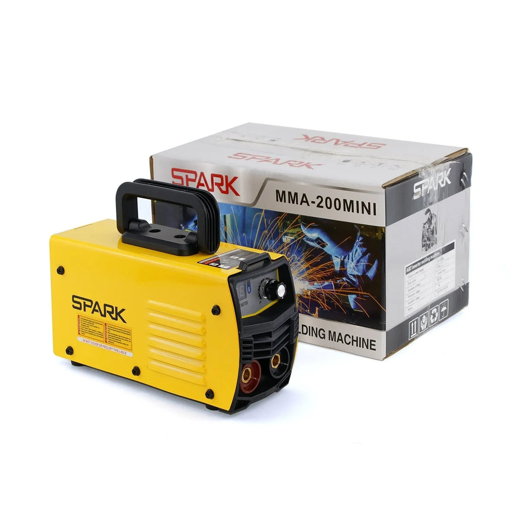 MMA-200MIN compact DC welding machine with welding tongs and face shield on a workbench.