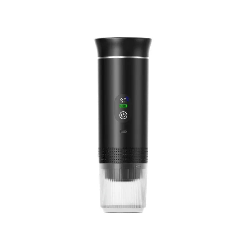 Black portable electric capsule coffee machine with LCD display for use in cars and outdoor travel