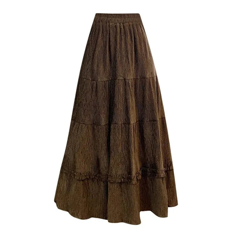 Corduroy A-line midi skirt with elastic waistband in milky white colour on hanger