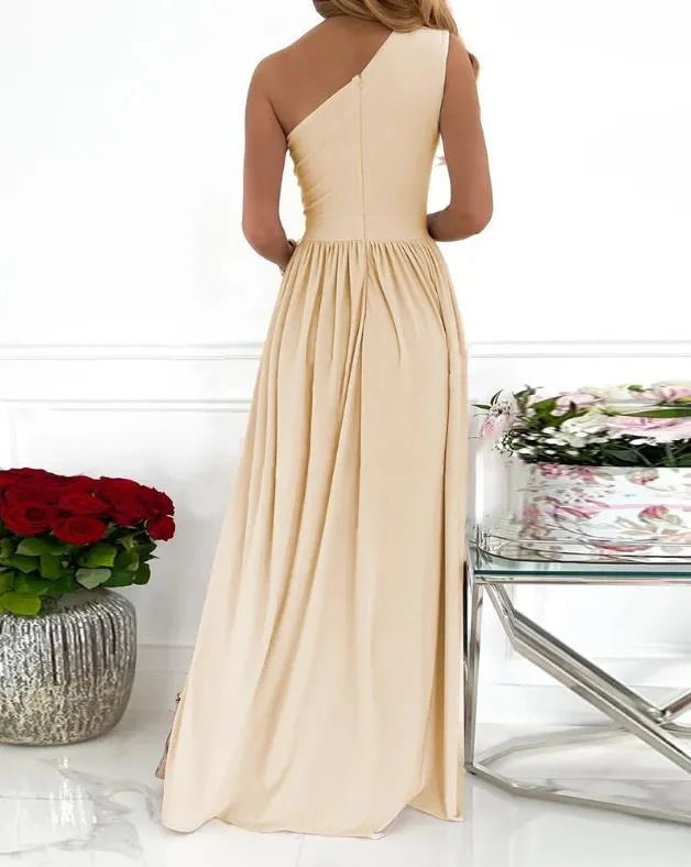 Women's one-shoulder sleeveless maxi dress with high split cutout design in soft lightweight fabric