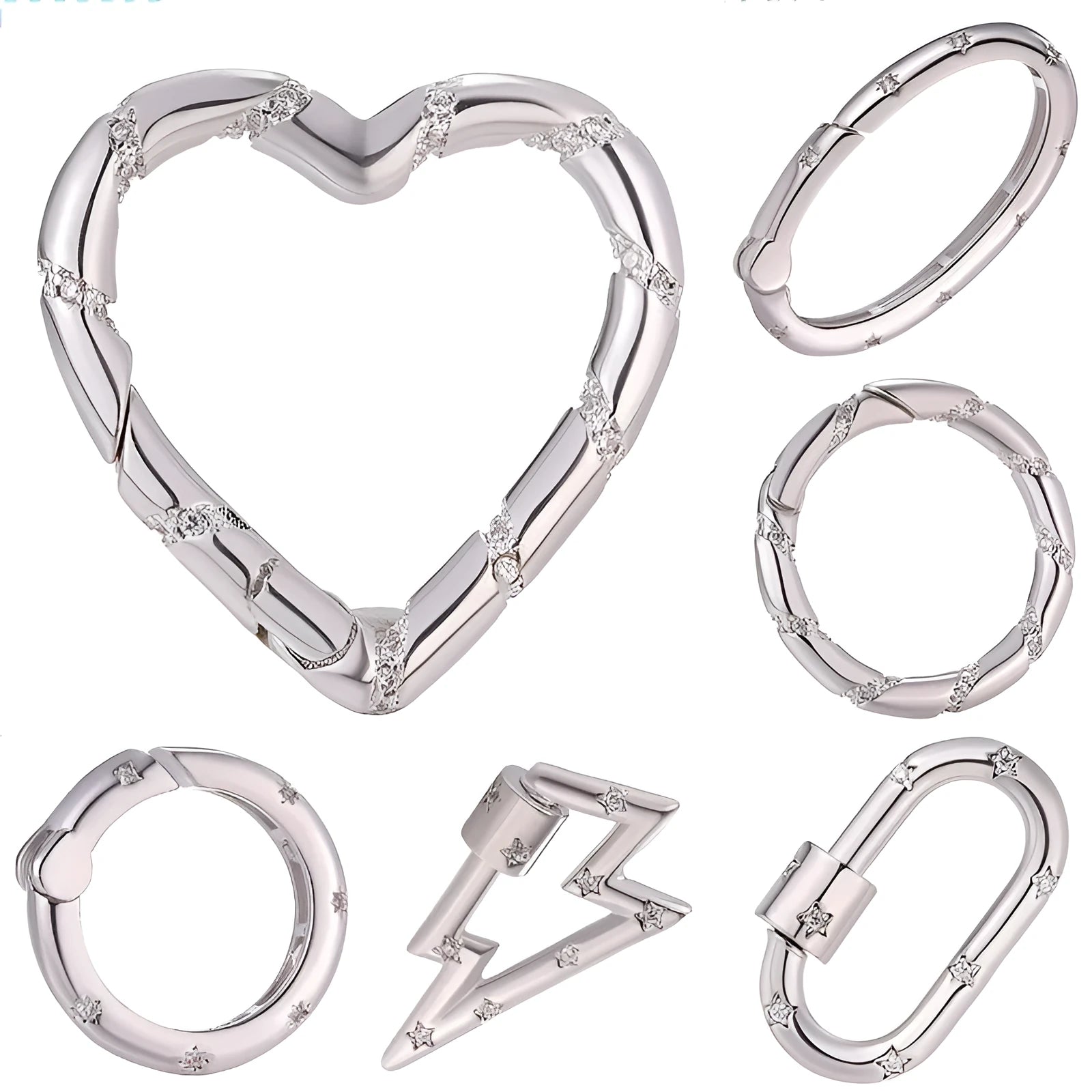 Gold electroplated copper heart-shaped button with micro-inlaid zircon stones and a selection of fastener types.