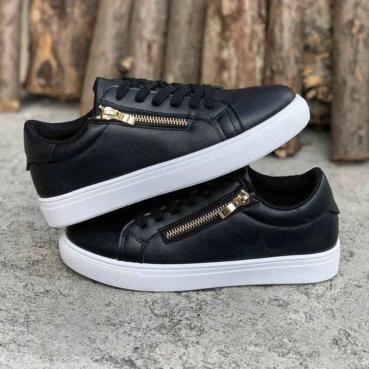 Women's casual sports shoes with side zipper, artificial PU upper, and rubber sole in black