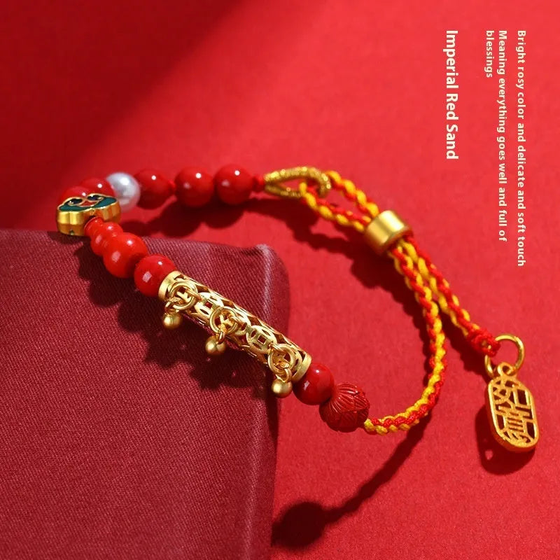 Women's hand-woven cinnabar bracelet with red sand bell design and geometric rope construction