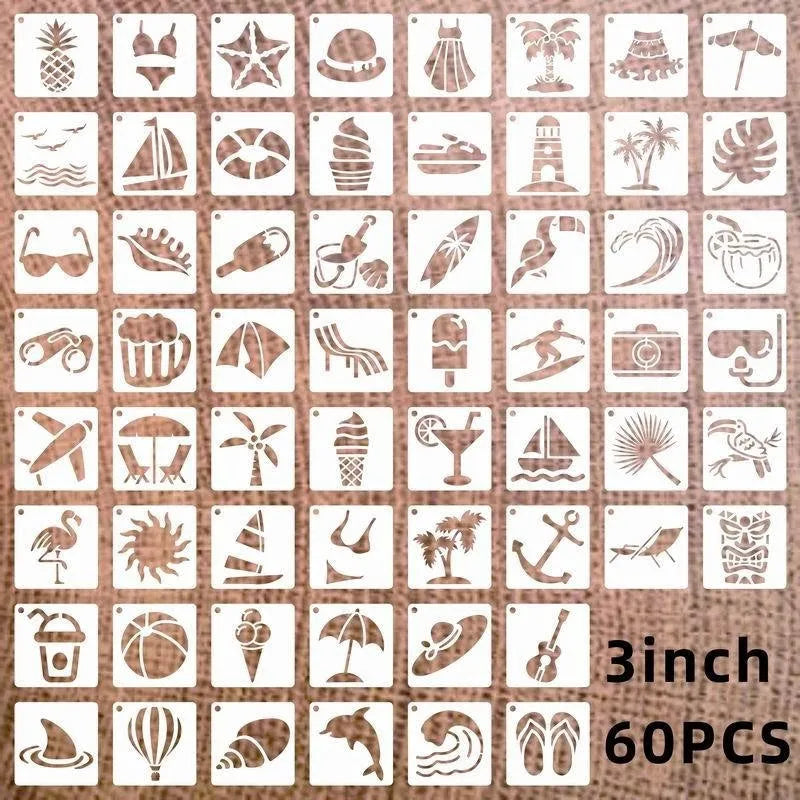 100-piece hollow spray painting stencil set showing milky white PET film templates with animal, Hawaii, ocean and floral patterns