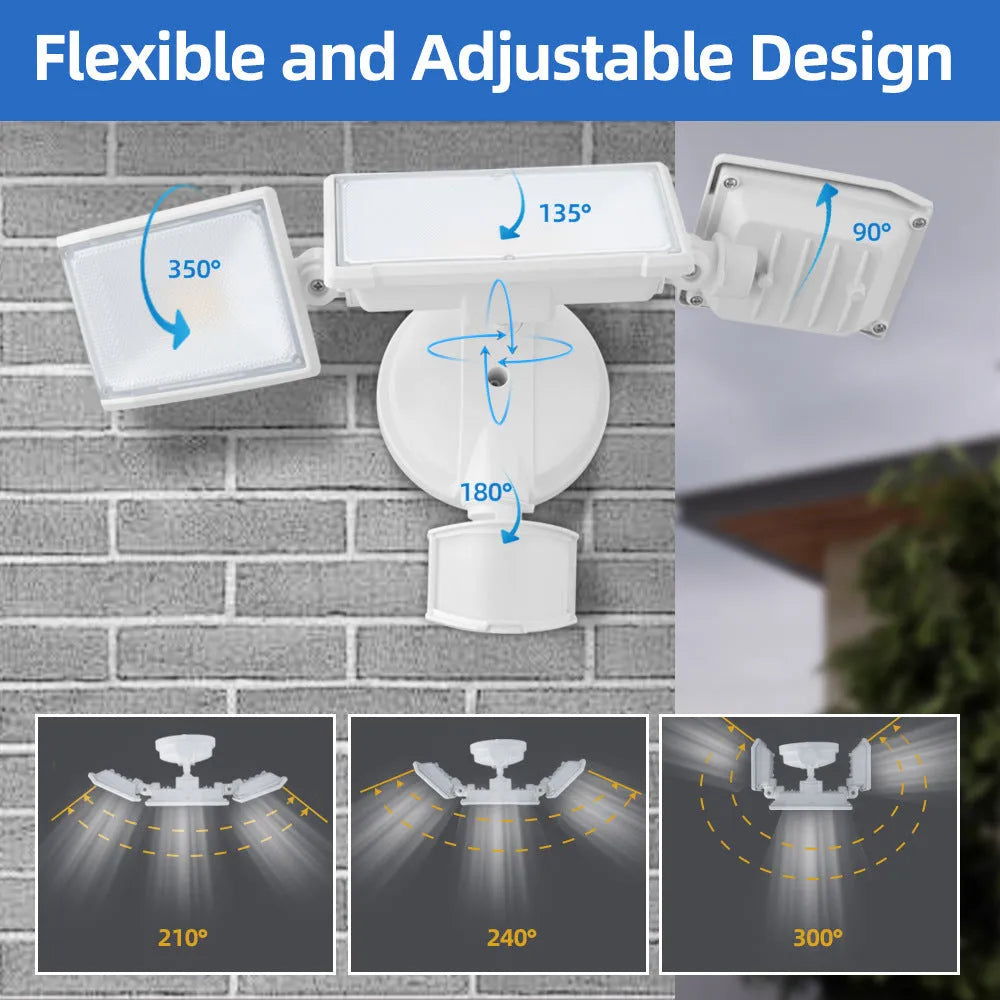 White or black 120V LED motion sensor security flood light for outdoor wall or ceiling installation.