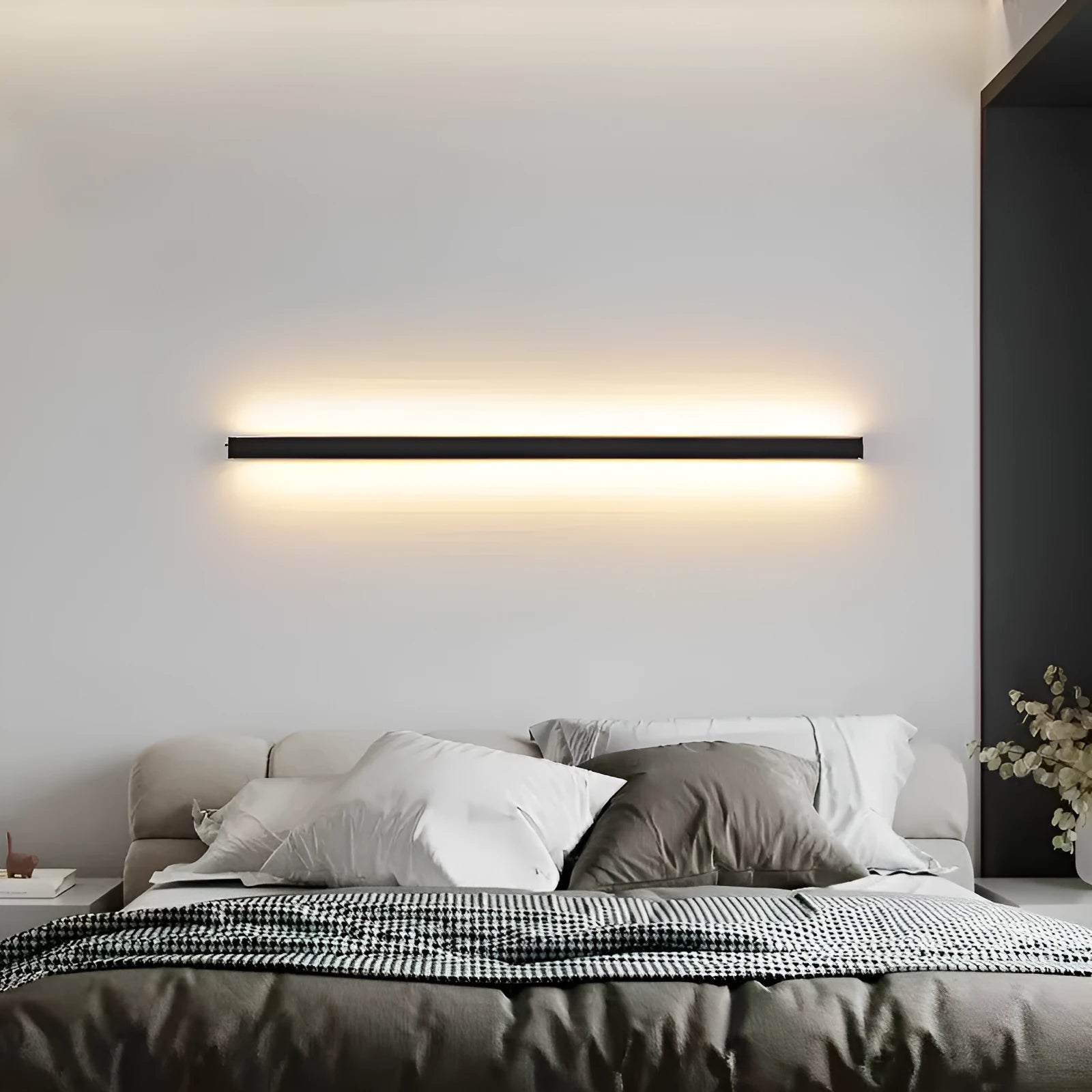 80cm long black aluminium LED wall lamp with a linear strip design and touch colour control.