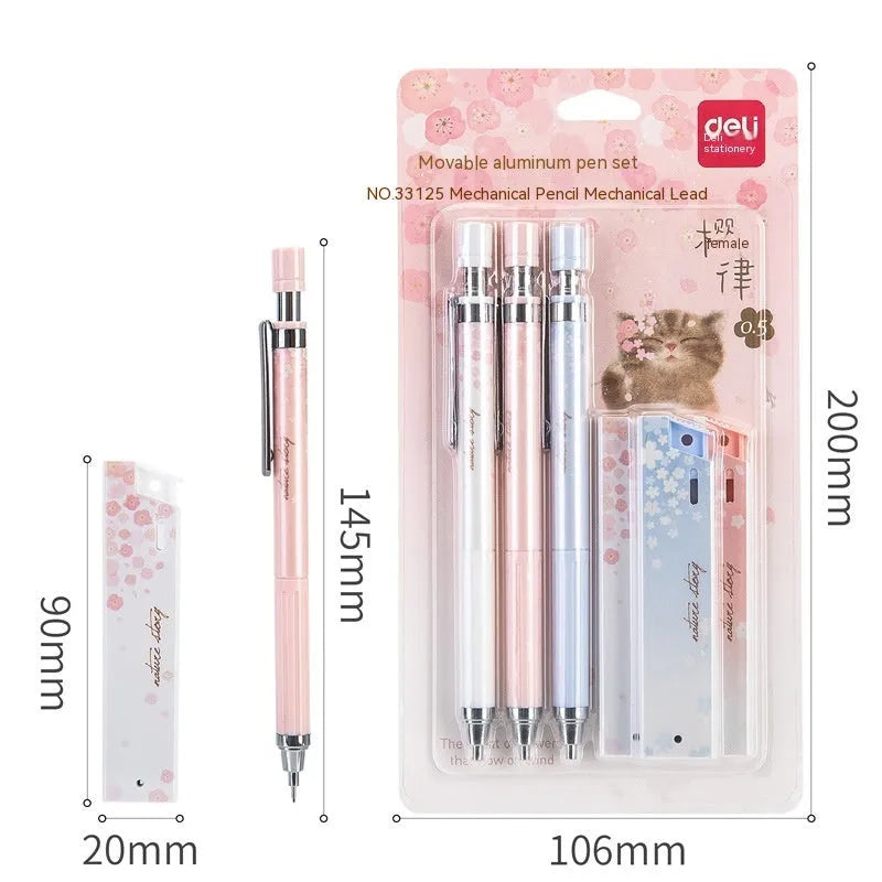 Mixed colour cartoon automatic pencil set with three 0.5mm pencils and HB refill boxes.