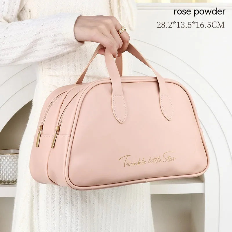 PU leather travel toiletry bag with dry-wet separation compartment in caramel mocha colour