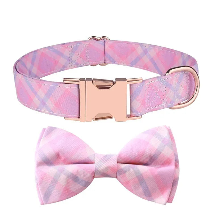 Polyester pet collar with rose gold buckle and decorative bow in multiple colour options