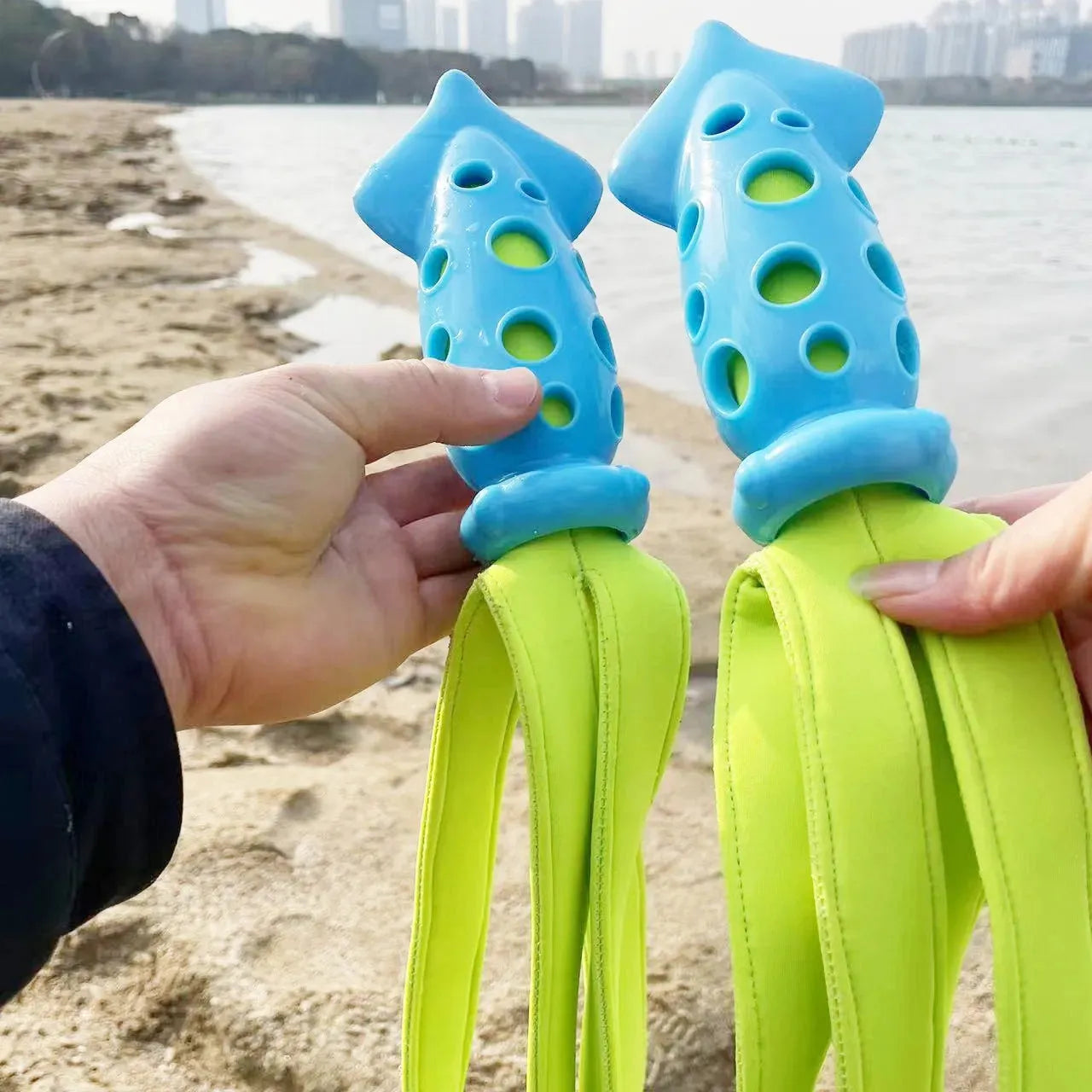 Blue cuttlefish-shaped squeaky chew toy for dogs measuring approximately 39 centimetres