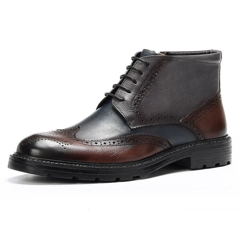 Men's curry blue leather brogue boots with front lacing and a low square heel