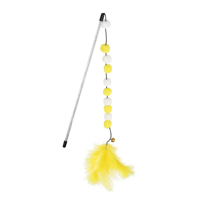 31cm long cat teaser stick wand with bell and colourful feather pompon attachments