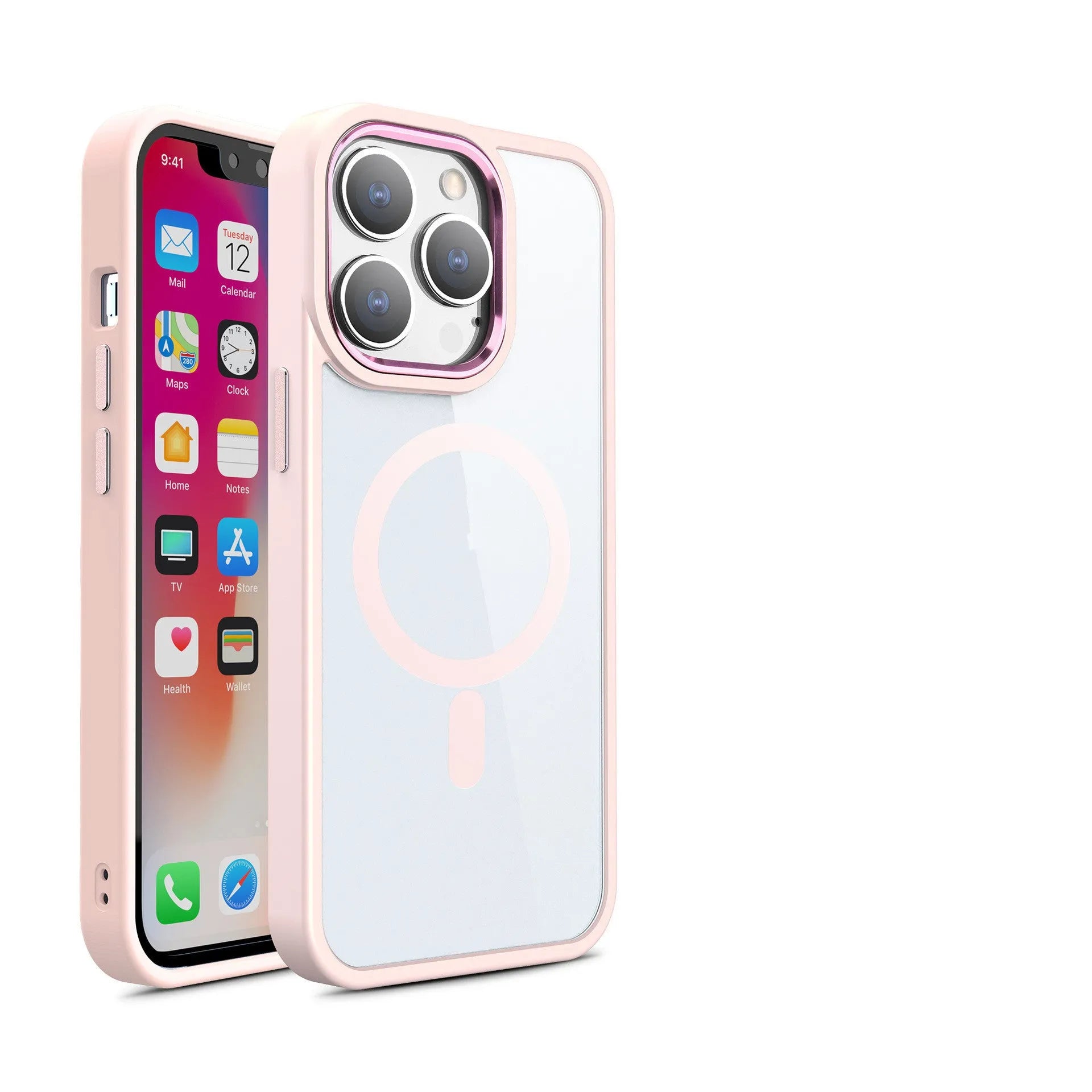 A transparent magnetic silicone phone case for iPhone on a table, shown in a solid colour option.