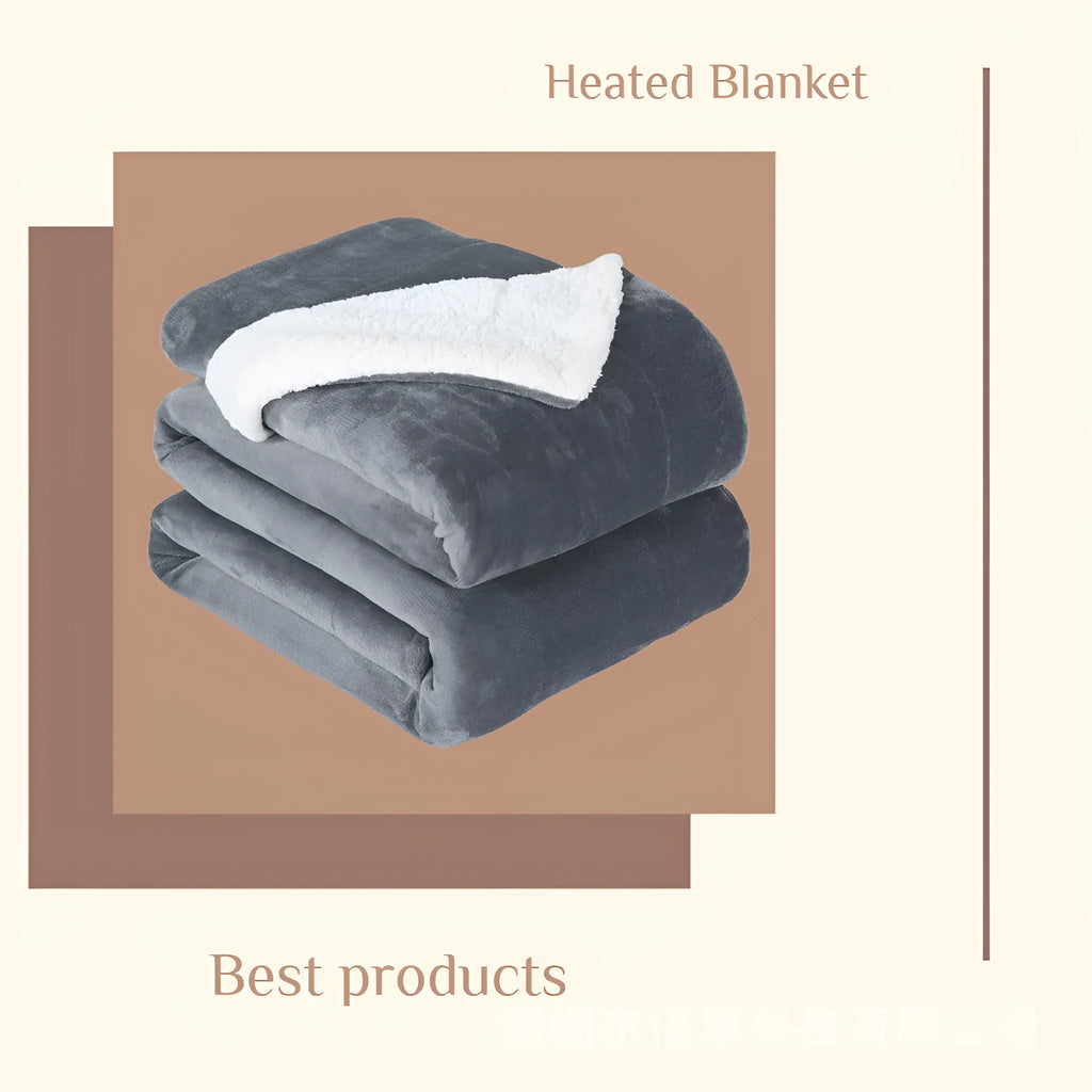 USB electric heating blanket in grey and white flannel fabric, showing intelligent temperature controls.