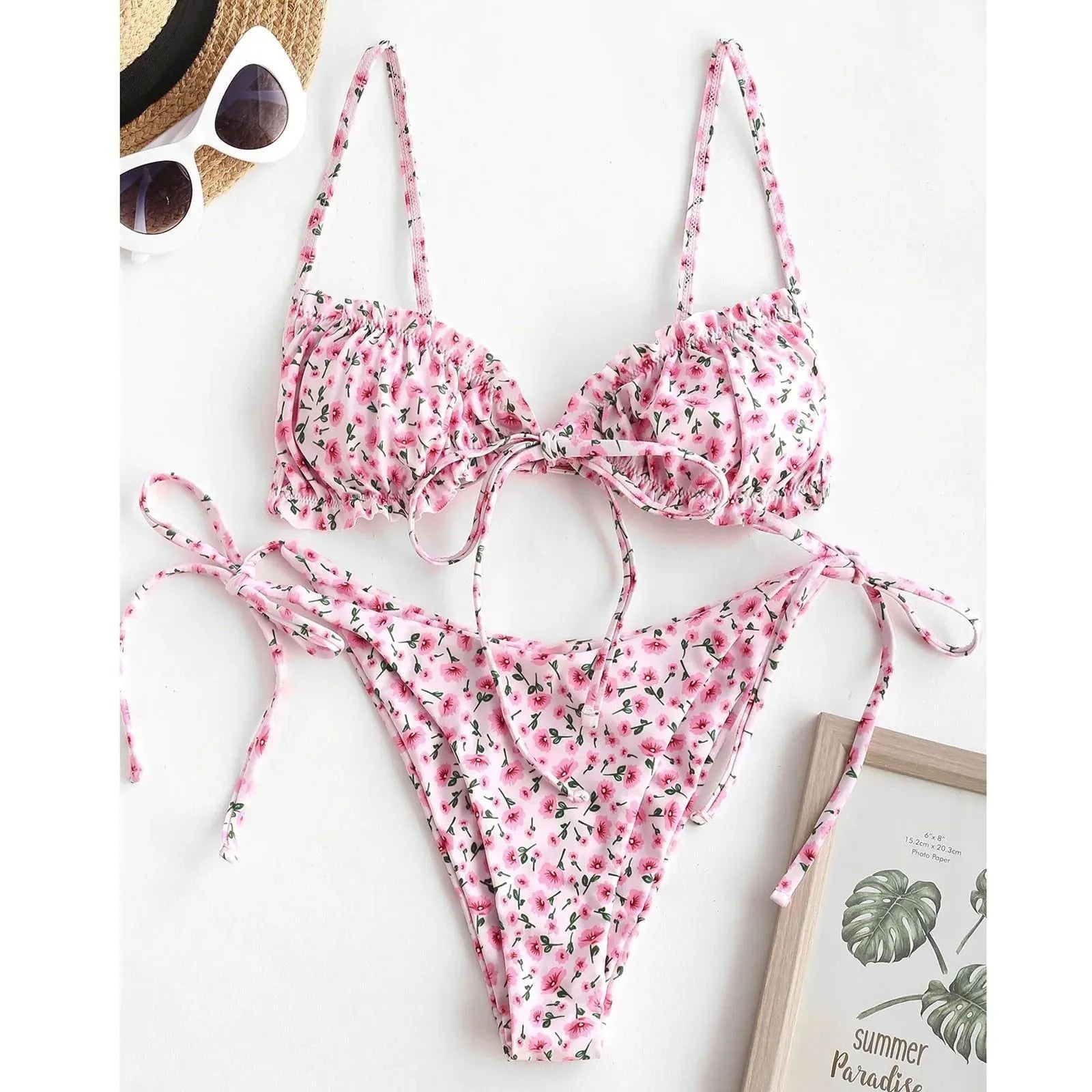 Blue printed multi-rope banded bikini swimsuit with short sleeves and lapel collar
