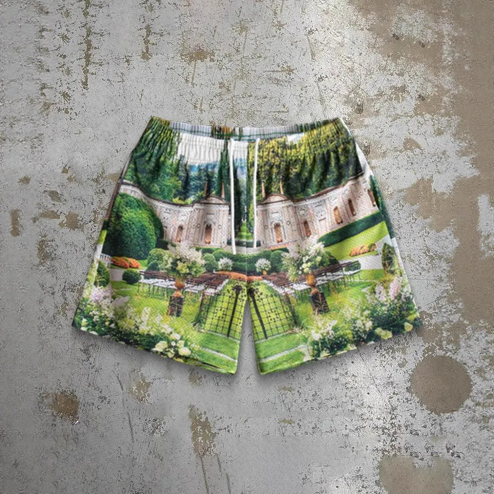 Men's quick-drying digital print beach shorts in milk silk polyester fabric, loose fit with micro elasticity